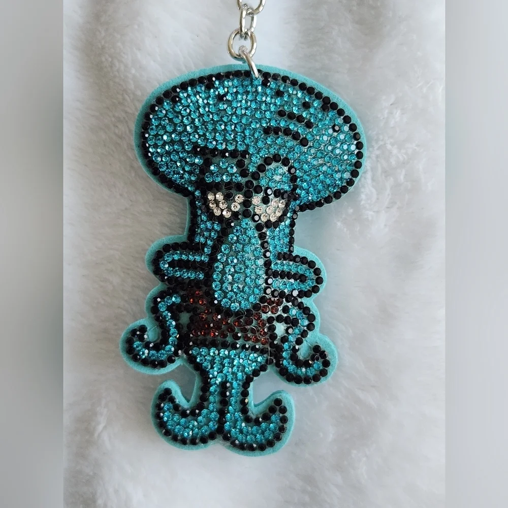 Squidward Blue Rhinestone Octopus Key Holder Bag Charm Keychain